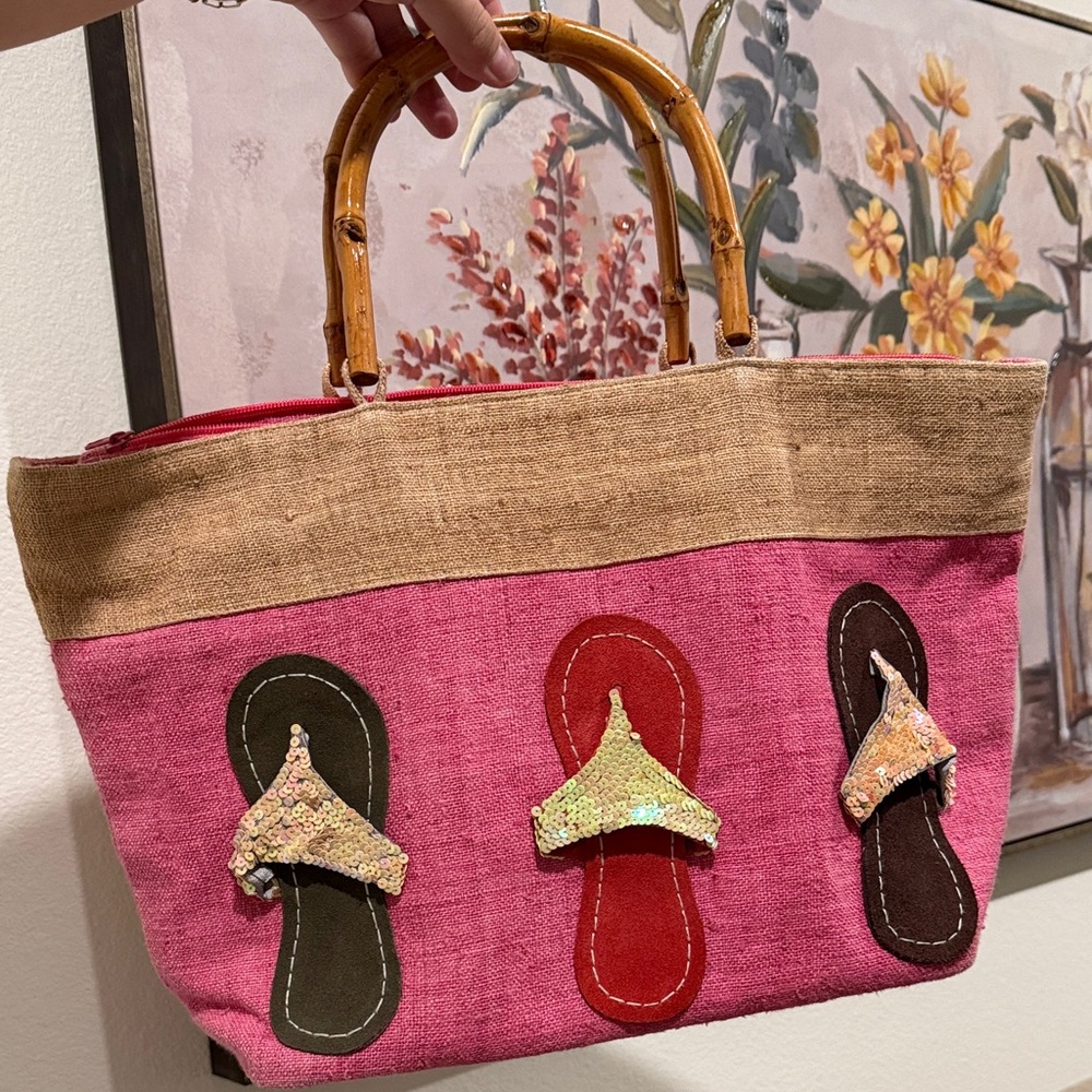 Sandal Pink and Tan Tote Bag with Bamboo Handles
